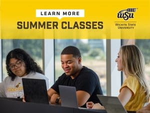 Photo of three students studying together with laptops with the text, "Learn more: Summer Classes" and the WSU logo.