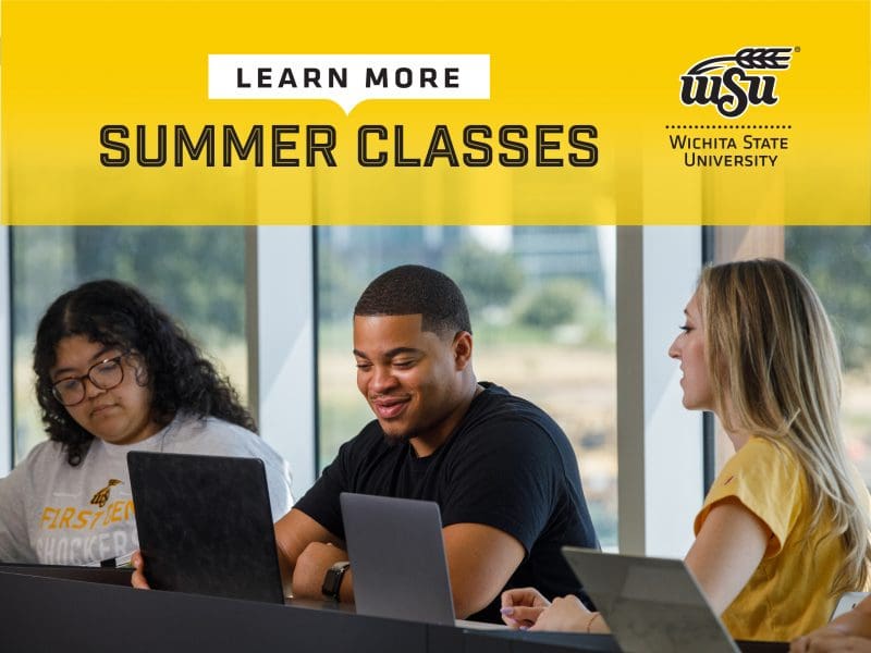 Photo of three students studying together with laptops with the text, "Learn more: Summer Classes" and the WSU logo.
