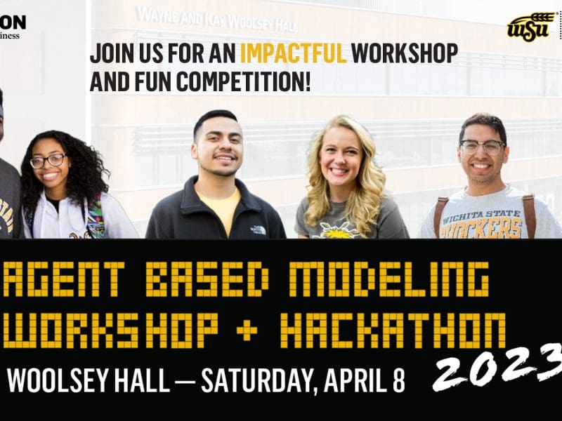 Graphic with photos of students and the text, "Join us for an impactful workshop and fun competition! Agent based modeling workshop + hackathon 2023 | Woolsey Hall - Saturday, April 8.