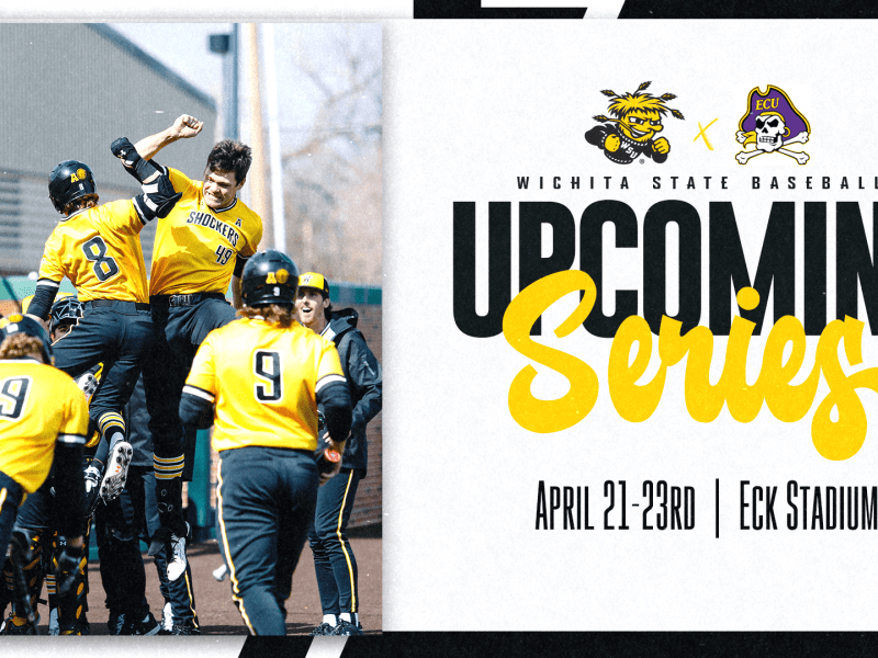 Graphic with a photo of a Shocker baseball players celebrating and the text, "Wichita State Baseball Upcoming Series. April 21-23rd | Eck Stadium" and the WuShock and ECU logos.