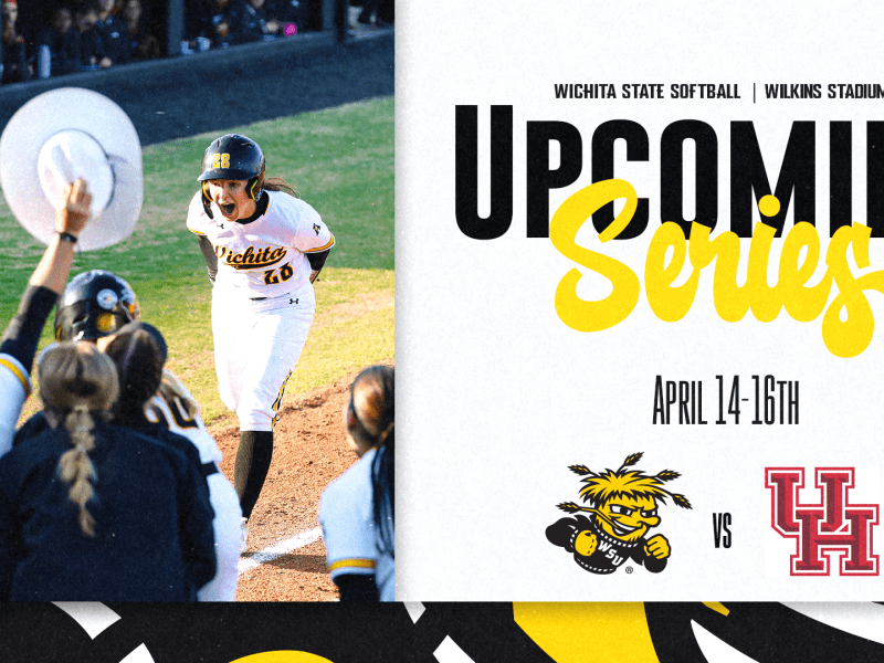 Graphic with a photo of a softball game and the text, "Wichita State Softball | WIlkins Stadium Upcoming Series. April 14-16th" and the WuShock and Houston logos.