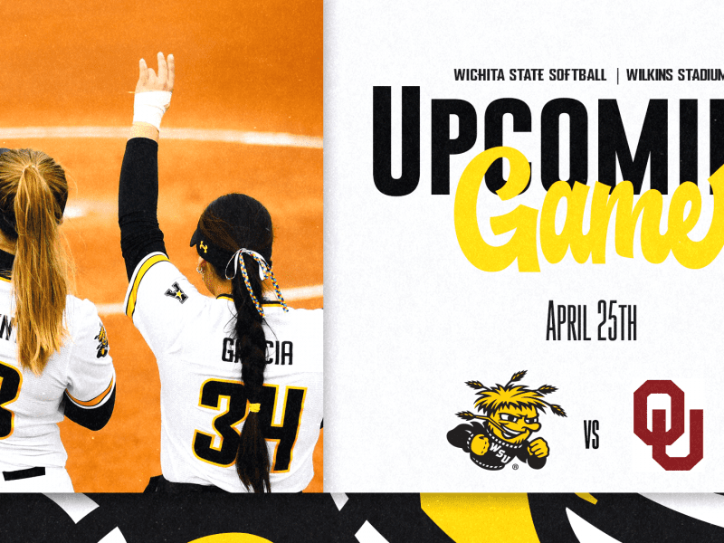 Graphic with a photo of two softball players doing the Shockers salute with the text, "Wichita State Softball | Wilkins Stadium Upcoming Game April 25th" and the WuShock and OU logos.