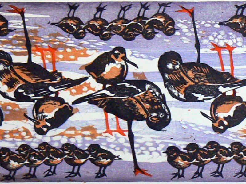 Many gathered birds are depicted on a Japanese print.
