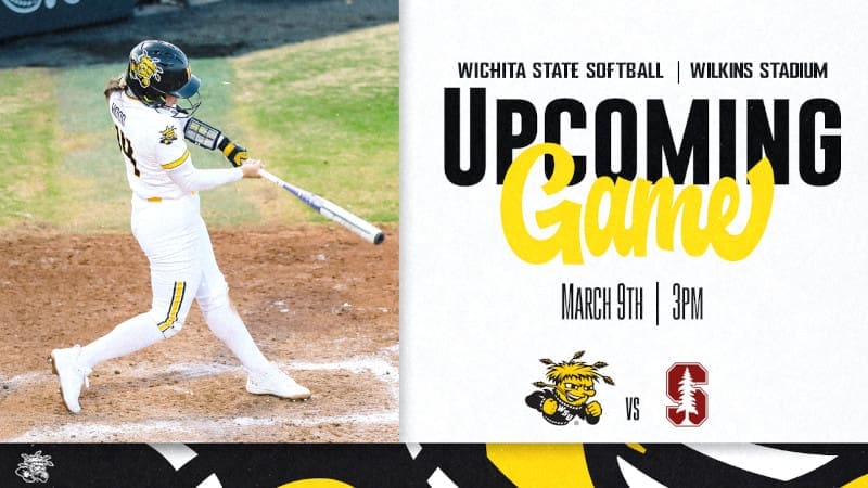 Photo of a softball player during a game with the text, "Wichita State softball | Wilkins Stadium. Upcoming game, March 9th | 3pm" and WuShock and Stanford logo.