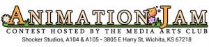 Graphic with the text, "Animation Jam: Contest hosted by the Media Art Club | Shocker Studios A104 & A105 - 3805 E Harry St, Wichita, KS 67218."