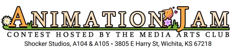Graphic with the text, "Animation Jam: Contest hosted by the Media Art Club | Shocker Studios A104 & A105 - 3805 E Harry St, Wichita, KS 67218."
