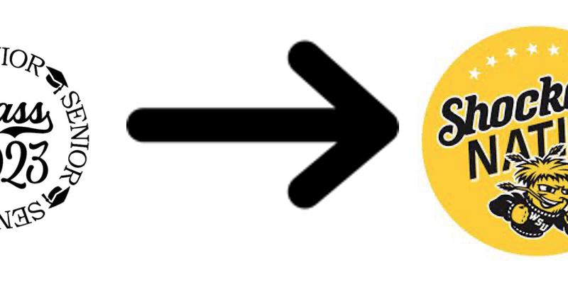 Image of Class of '23 with an arrow pointing to Shocker Nation logo