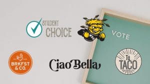 Graphic with the logos of Student Choice. WuShock, Brkfst & Co, Ciao Bella, and Tu Taco, with a board in the background with the word "Vote" on it.