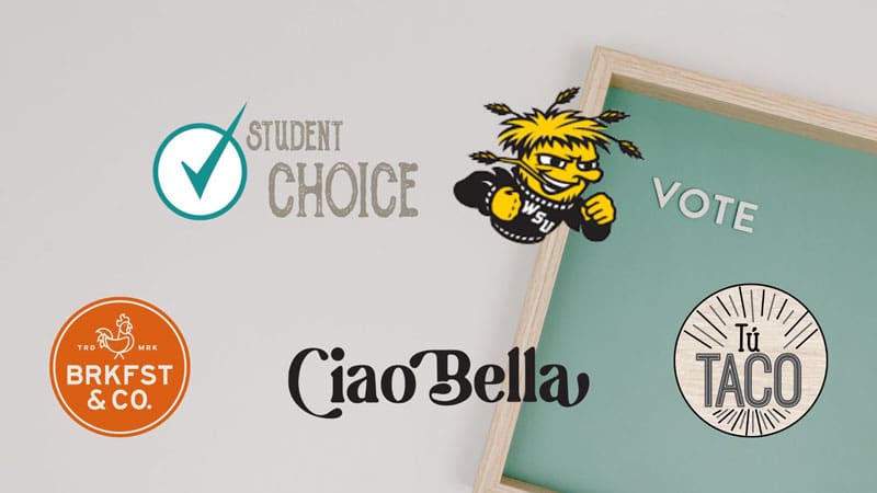 Graphic with the logos of Student Choice. WuShock, Brkfst & Co, Ciao Bella, and Tu Taco, with a board in the background with the word "Vote" on it.