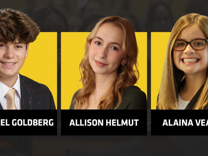 Graphic with a photo of the 2023 Koch Scholars Michael Goldberg, Allison Helmut and Alaina Veatch and their names