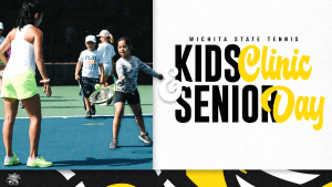Graphic with a photo of kids playing tennis and the text, "Wichita State Tennis Kids Clinic & Senior Day."