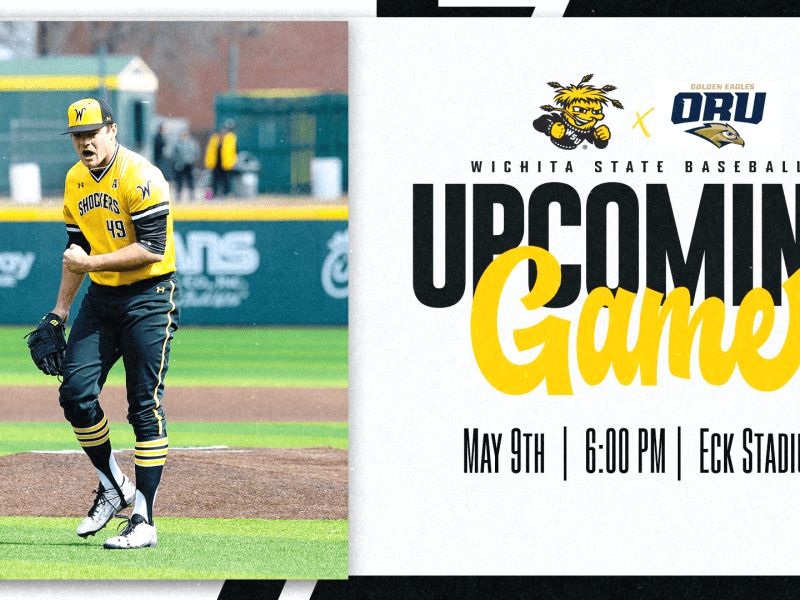 Graphic with a photo of a Shocker Baseball player during a game with the text, "Wichita State Baseball Upcoming game. May 9th | 6:00 PM | Eck Stadium" and the WuShock and ORU logos.