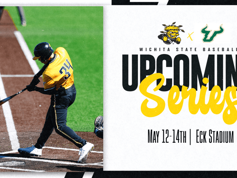 Graphic with a photo of a Shocker baseball player batting and the text, "Wichita State Baseball Upcoming Series. May 12-14th | Eck Stadium" and the WuShock and USF logos.