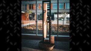 Photo of the new sculpture, "The Entrepreneur," in Woolsey Hall.