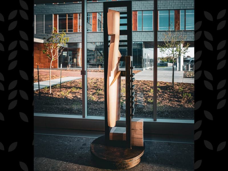 Photo of the new sculpture, "The Entrepreneur," in Woolsey Hall.