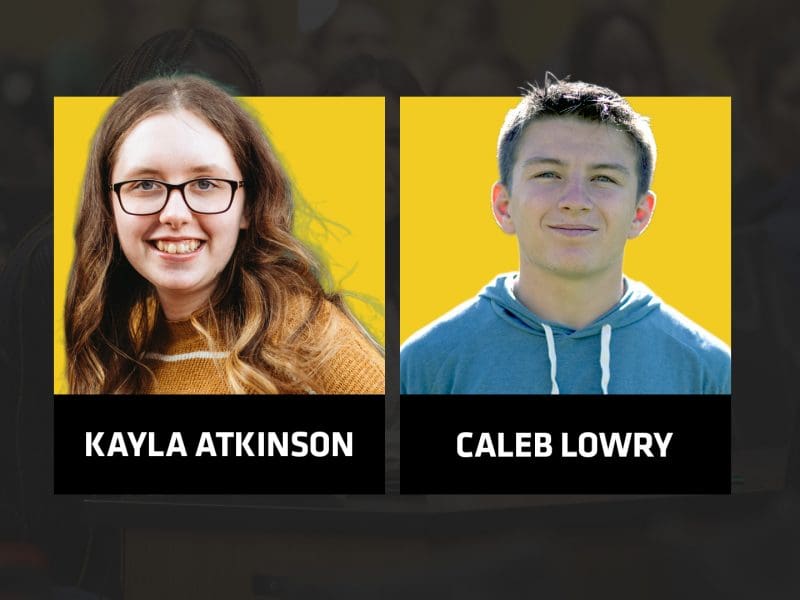 Graphic with photos of Kayla Atkinson and Caleb Lowry, the 2023 Jabara Scholars.