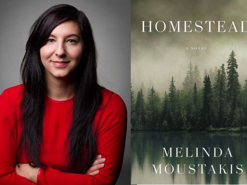 Photo of WSU's 2023 distinguished visiting writer, Melinda Moustakis and an image of the cover of her novel, Homestead.
