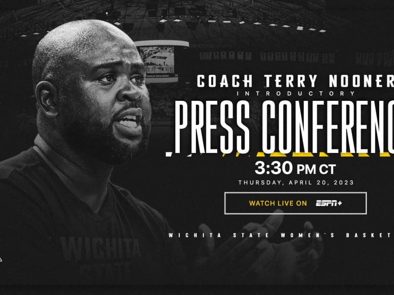 Graphic with a photo of Terry Nooner and the text, "Coach Terry Nooner Introductory Press Conference 3:30pm CT Thursday, Apr. 20, 2023; Watch Live on ESPN+. Wichita State Women's Basketball."