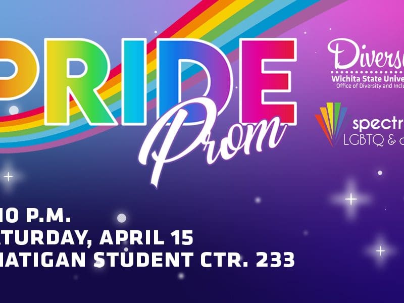 Graphic with a the LGBTQ+ flag in the background and the text, "PRIDE Prom, 7-10 p.m. Saturday, April 15 Rhatigan Student CTR. 233" and the ODR and Spectrum: LGBTQ & Allies logos.
