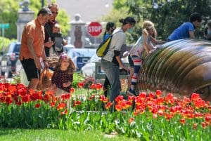 A photo of several family members exploring a large bronze sculpture of a millipede by artist Tom Otterness near the Ulrich Museum outside on a sunny day.