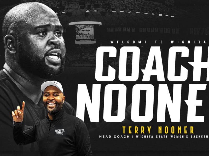 Graphic with photos of Terry Nooner and the text, "Welcome to Wichita, Terry Nooner! Head Coach for Wichita State Women's Basketball"