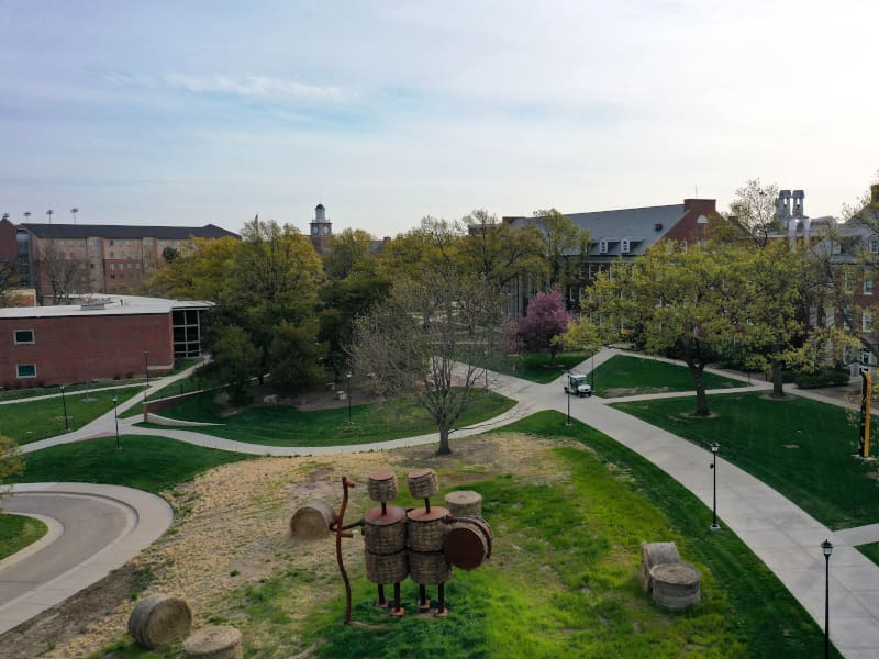 Aerial photo of the Wichita State campus with Jardine, McKinley and Morrison Halls and Duerksen Fine Arts Center in frame.
