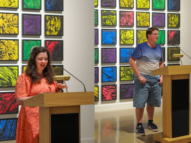 Photos of Lara Law and Alexander Romano reading their work at a podium.