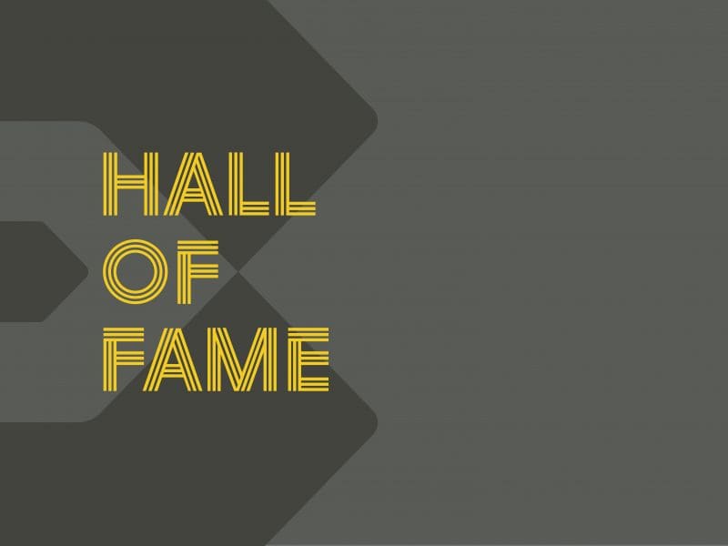 Graphic with a gray background and the Barton School "B" logo with the text "Hall of Fame" overtop of it.