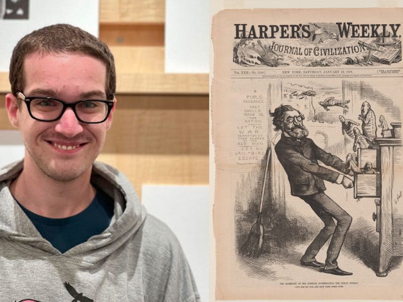 An image containing a photo portrait of Josh Cornett on the left, and an image of Thomas Nast's "Secretary of War Investigating the Indian Bureau," Wood engraving, 1878, on the right