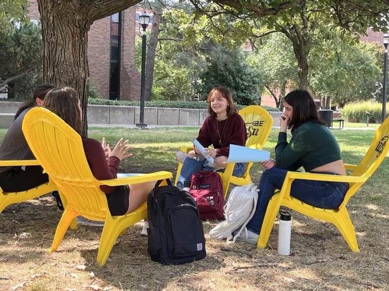 Photo of students on campus socializing.