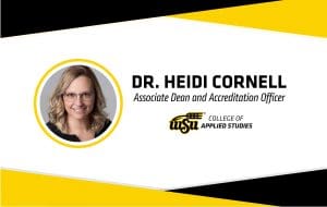 Graphic with a photo of Heidi Cornell and the text, "Dr. Heidi Cornell, Associate Dean and Accreditation Office, Wichita State University College of Applied Studies"