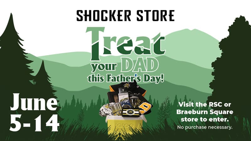 The dad gift cooler in a forested area with the text, "Treat your Dad this Father's Day! June 5-14. Visit the RSC or Braeburn Square store to enter. No purchase necessary."