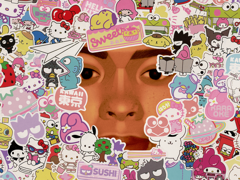 A photo of a young woman is partically obscured by Hello Kitty stickers in artwork by Austin Storie