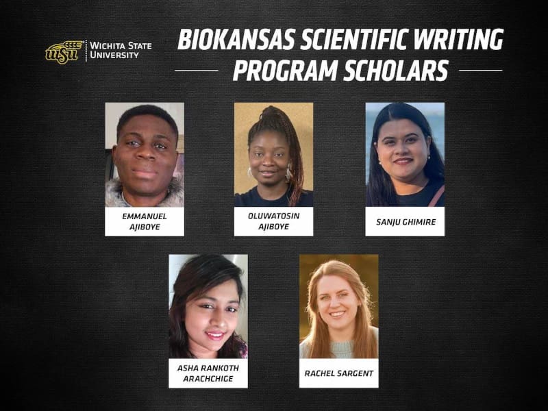 Graphic with photos of the BioKansas scholars with the text, "BioKansas Scientific Writing Program scholars | Emmanuel Ajiboye, Oluwatosin Ajiboye, Sanju Ghimire, Asha Rankoth Arachchige, Rachel Sargent" and the Wichita State University logo.