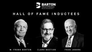 Monochrome portraits of W. Frank Barton, Clark Bastian and Fran Jabara on a black background
