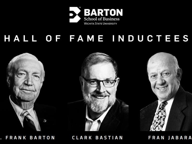Monochrome portraits of W. Frank Barton, Clark Bastian and Fran Jabara on a black background