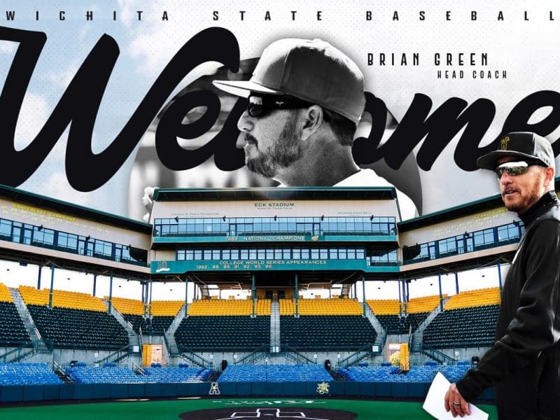 Brian Green stands in Eck Stadium. Text: "Wichita State Baseball | Brian Green head coach."