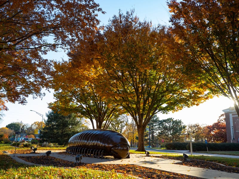 Art sculpture on campus in the middle of fall