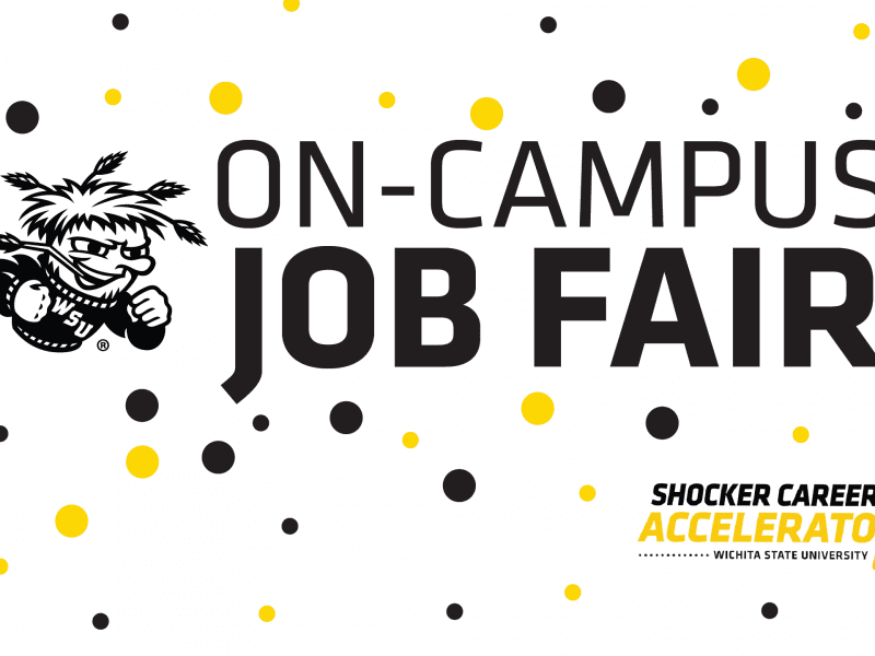 Image saying "On-Campus Job Fair" with the Shocker Career Accelerator logo in the bottom right corner.