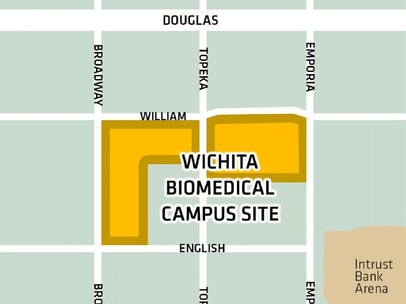 Map showing the location of the upcoming Wichita Biomedical Campus