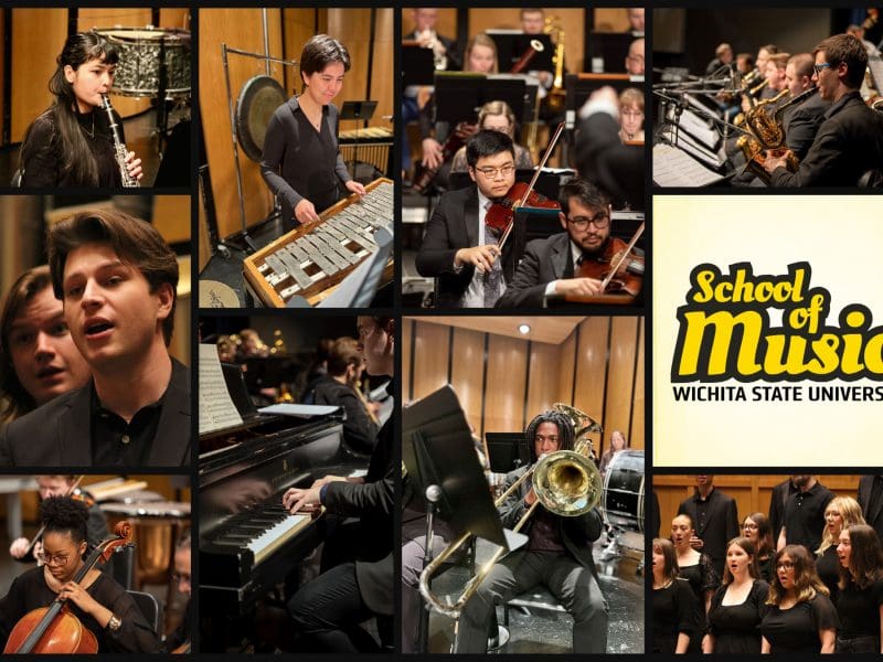 A collage of WSU School of Music students playing in the school's ensembles.