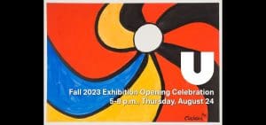 Swirls of red, black, blue and yellow make up this abstract painting by Alexander Calder. "Fall 2023 Exhibition Opening Celebration, 5-8 p.m., Thursday, August 24" "Ulrich Museum of Art"