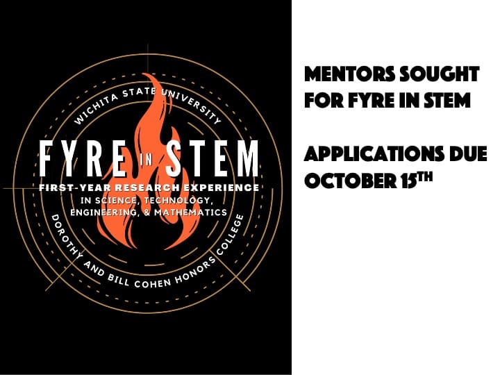 Logo of flames with the text "Wichita State University, Dorothy and Bill Cohen Honors College; FYRE in STEM - First-Year Research Experience in Science, Technology, Engineering, and Mathematics."