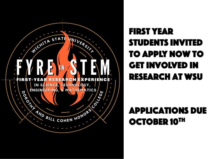 Logo of flames with the text "Wichita State University, Dorothy and Bill Cohen Honors College; FYRE in STEM - First-Year Research Experience in Science, Technology, Engineering, and Mathematics."