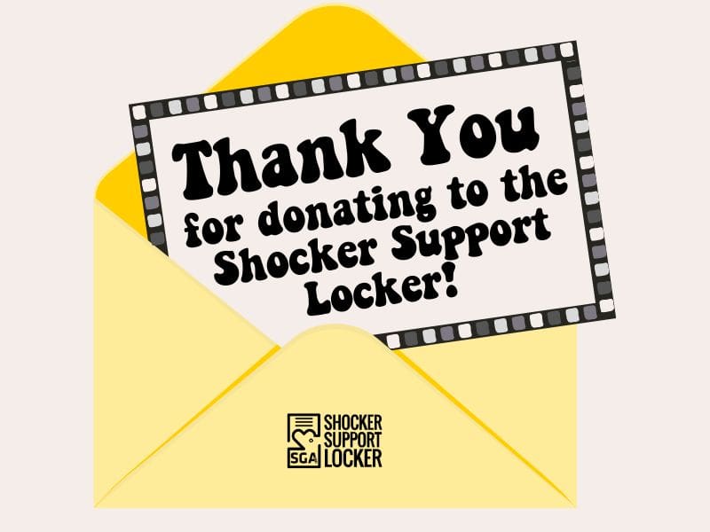 Envelope with letter stating Thank your for donating to the Shocker Support Locker!