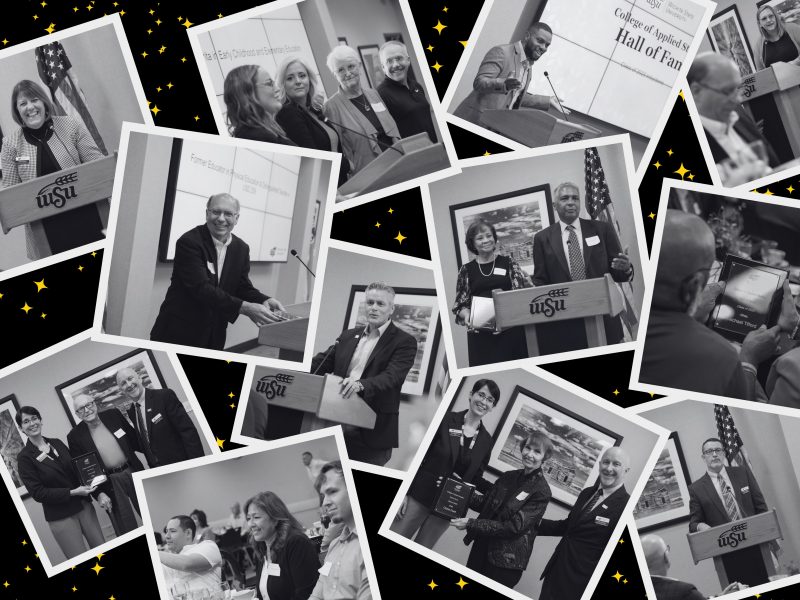 Collage of black and white photos with white borders from the CAS Hall of Fame Induction Ceremony event on a black background
