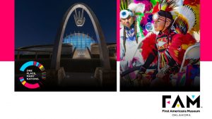Image contains two photos, one of the First Americans Museum and the other of a young male dressed in his tribal regalia at a pow wow