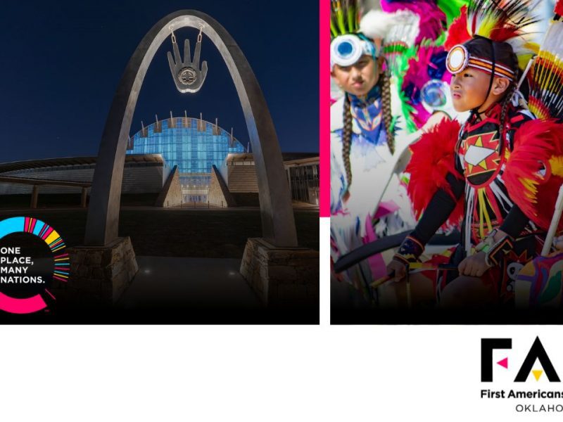 Image contains two photos, one of the First Americans Museum and the other of a young male dressed in his tribal regalia at a pow wow