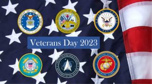 United States flag with the seals of each branch of the U.S. military