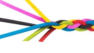 Multi-colored strands of fabric woven together